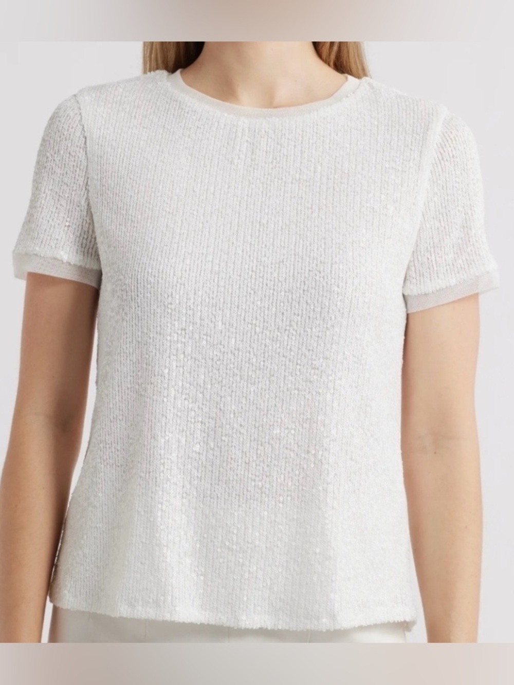 Anne Klein Sequin bright white sequins & mesh Short Sleeve Tee Rtl $79